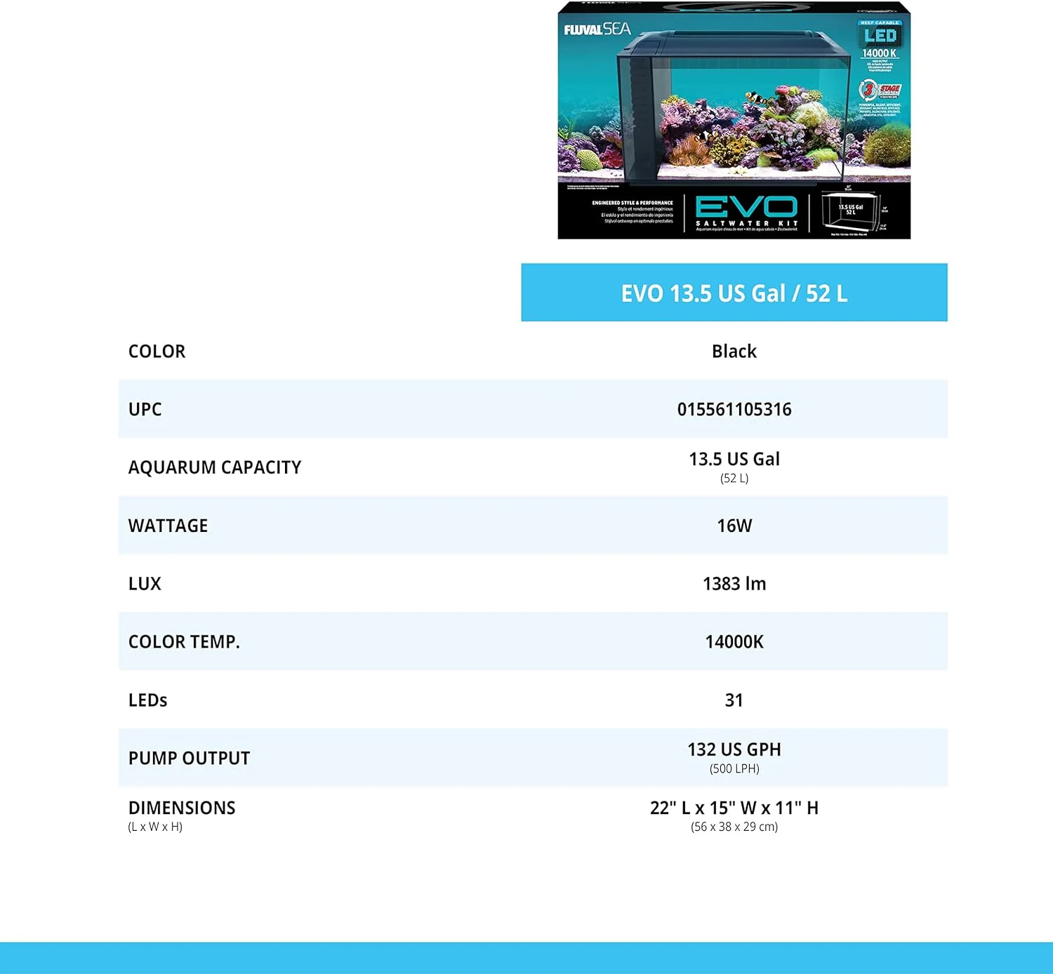 Fluval Sea Evo 52L Marine Saltwater Aquarium Kit with LED Lighting and Pump - Image 7